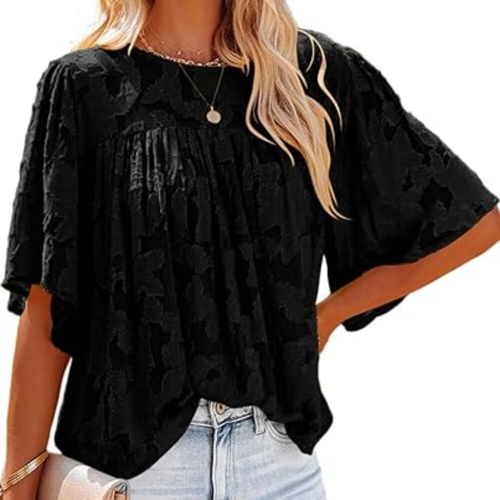 NWT Cottagecore Black Flowy Chiffon Blouse with Flutter Sleeves Medium